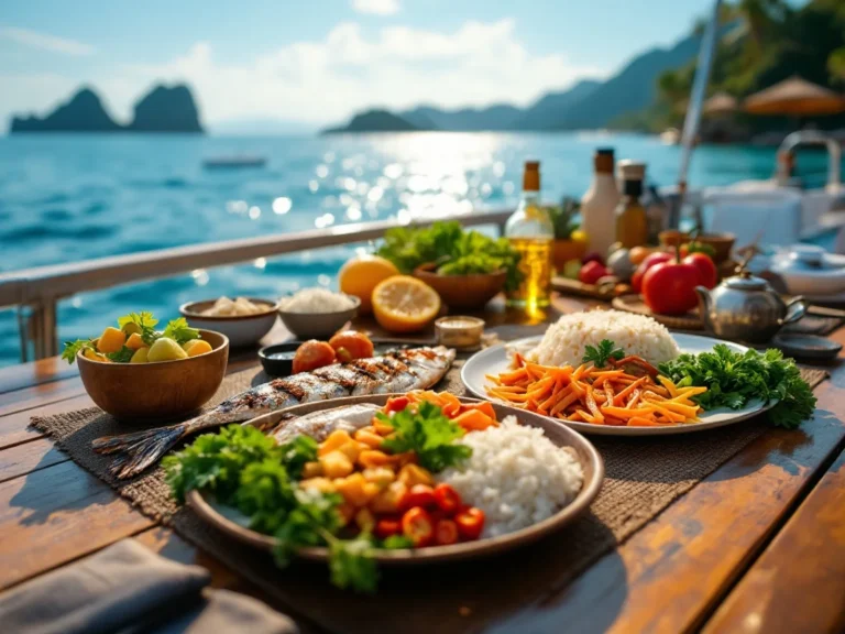 Indonesian seafood, rice and vegetable dishes served on the open deck of a liveaboard boat