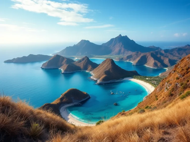 Panoramic view from a dry island ridge over turquoise bays and rugged brown hills