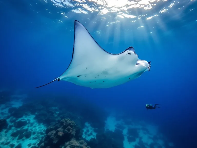 Manta ray gliding through clear blue water above a reef with a scuba diver below