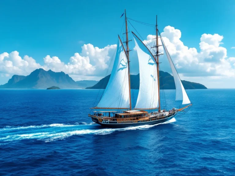 Traditional phinisi schooner sailing under full sail on the open tropical sea