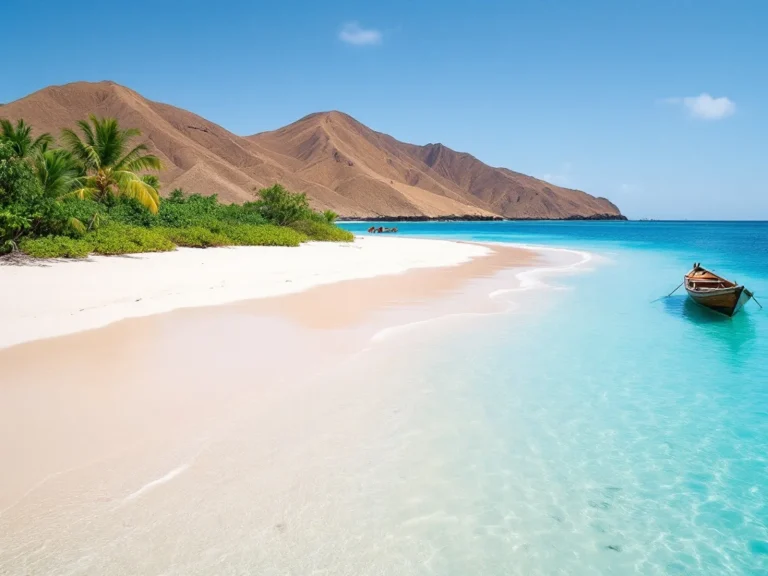 Secluded tropical beach where pink-tinted sand meets clear turquoise shallows