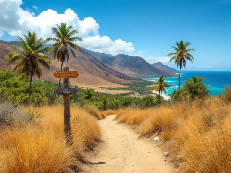 Dry savanna hiking trail with lontar palms and a trail marker on a tropical Indonesian island