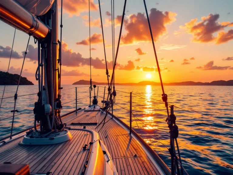 Sunset over a calm tropical sea seen from the timber deck and rigging of a sailing boat