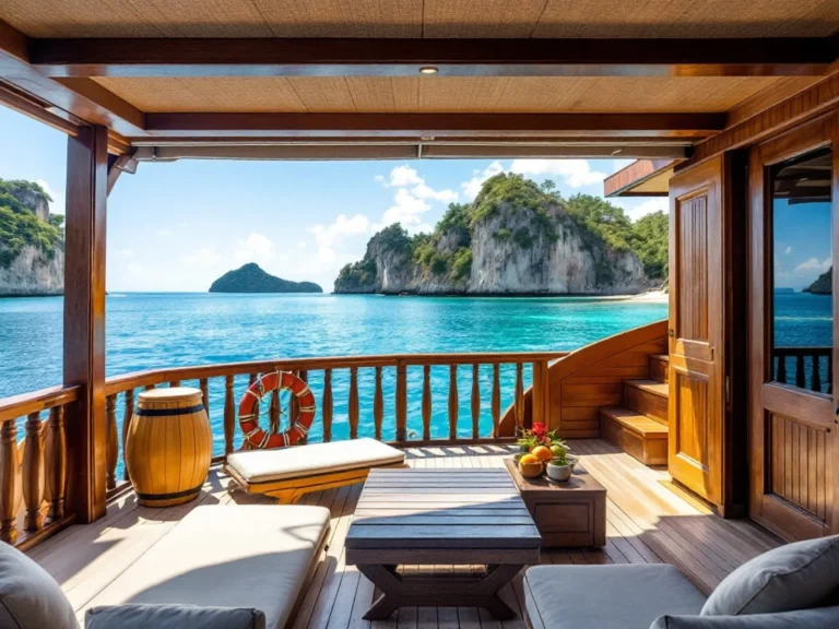 Open sun deck of a wooden liveaboard with cushioned loungers overlooking tropical islands