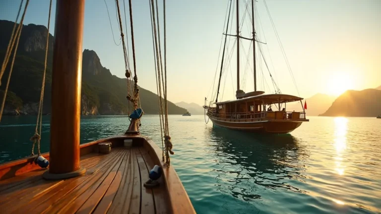 Yumana Liveaboard, a wooden phinisi with a private-balcony Royal Suite, at anchor near Padar Island in Komodo National Park at golden hour