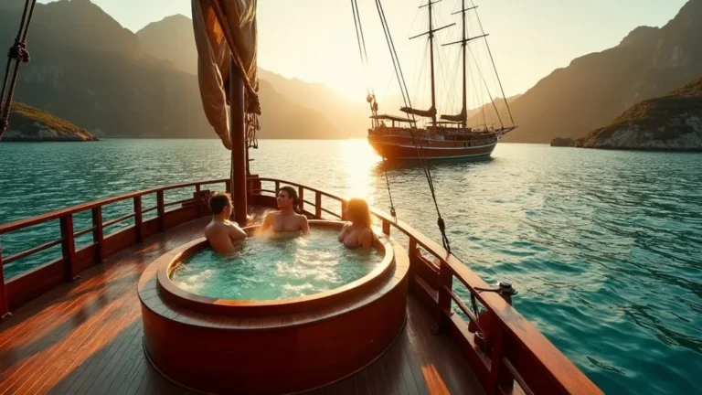 Guests soaking in the deck jacuzzi of Yumana Liveaboard, a wooden phinisi anchored beneath the ridgelines of Padar Island in Komodo National Park at golden hour